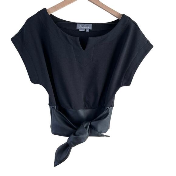 Anthropologie Faux Leather Waist-Tie Short Sleeve Cropped Top in Black, XS - Picture 1 of 12